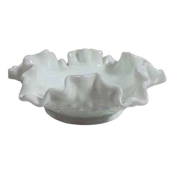 Fenton Hobnail Ruffled White Milk Glass Candy Bowl Decorative Serving Dish VTG - Picture 2 of 14